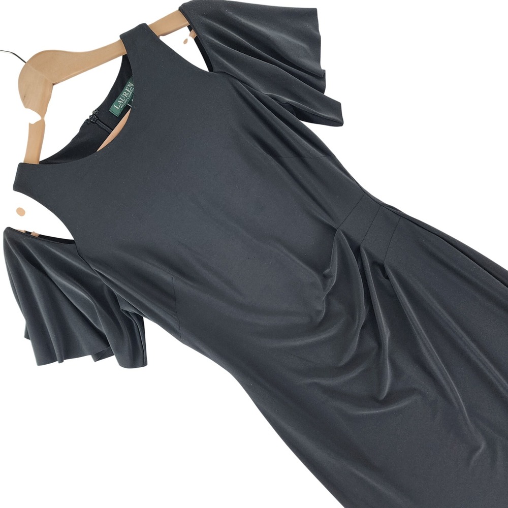 Lauren Ralph Lauren Dress Womens 4 Black Cold Shoulder Ruched Sheath Cocktail